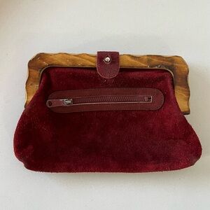 Vintage Leather Suede Clutch with a Wooden Frame Made In Hong Kong